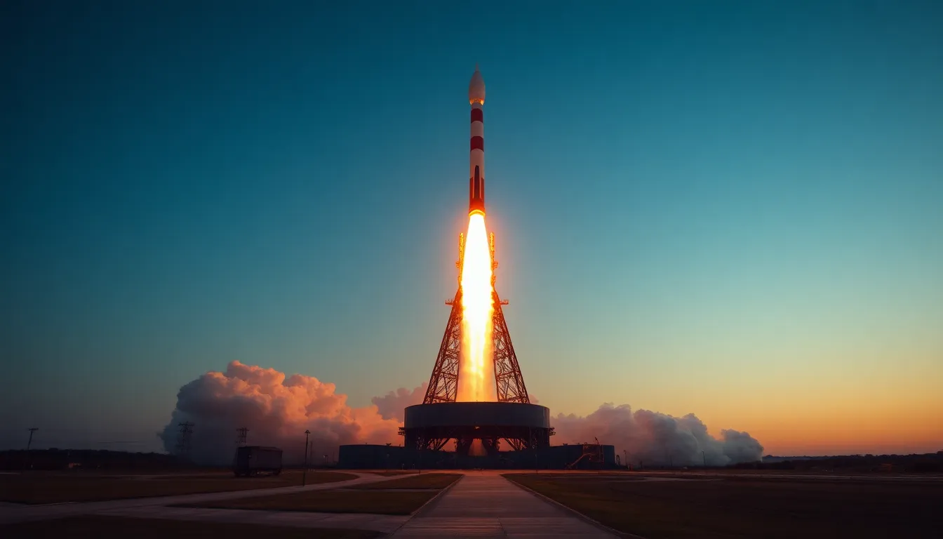 Satellite Launch from Launch Pad at Sunset