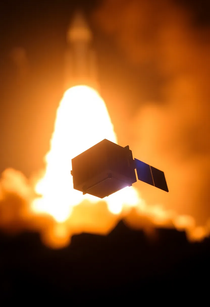 This dynamic image captures the thrilling moment of a satellite being launched into space. Backlighting from the flames of the rocket dramatically highlights the satellite's contours, creating a striking contrast against the vibrant explosion of color in the background. With a selective focus on the satellite, the fiery chaos blurs into a kaleidoscope of oranges and yellows, emphasizing the energy of the launch. This captivating scene showcases the power of human ingenuity in the realm of space exploration.