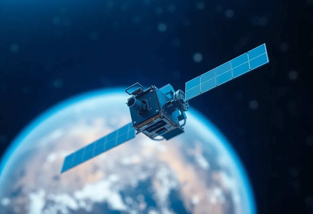 Conceptual Satellite Communication Visualization This conceptual rendering illustrates a satellite in communication with Earth, featuring an intricate design that emphasizes its technological sophistication. Illuminated by a cool blue light from a computer screen, the satellite's antenna is sharply in focus, creating a striking contrast against the softly blurred digital stars in the background. The vivid color palette brings the scene to life, enhancing the futuristic feel. This image captures the essence of advanced satellite communication technology.