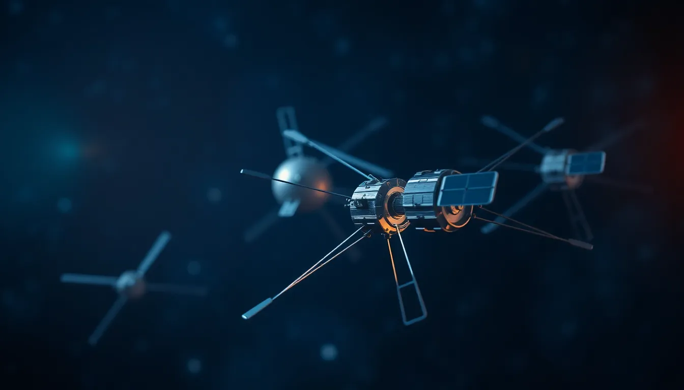 This striking image illustrates a futuristic satellite network floating seamlessly in the cosmos. Each satellite is intricately designed, glinting in varied metallic shades against a backdrop of twinkling stars. The vibrant colors and dramatic lighting create a sense of wonder, highlighting the advanced technology that connects our world. The composition guides the viewer's eye along the web of satellites, emphasizing their interconnectedness.