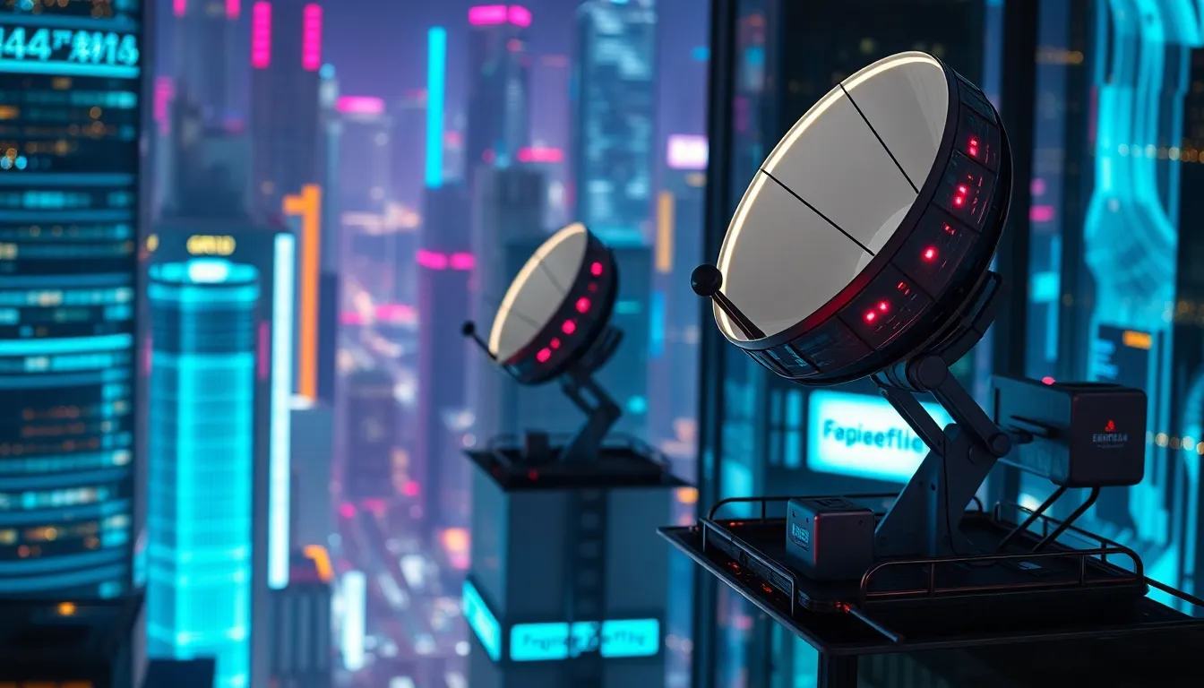 Futuristic Urban Satellite Technology at Night This vibrant image depicts cutting-edge satellite technology integrated into a futuristic cityscape at night. The glowing satellite dishes shine brightly against a backdrop of neon lights, creating an electric atmosphere. With a shallow depth of field, the surrounding city blurs into a visually captivating bokeh of color. The centered composition draws immediate attention to the satellites, while the reflections on the glass buildings enhance the depth and sophistication of the urban environment.