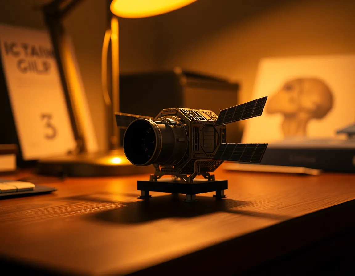 Intricate Model of Satellite on Wooden Desk