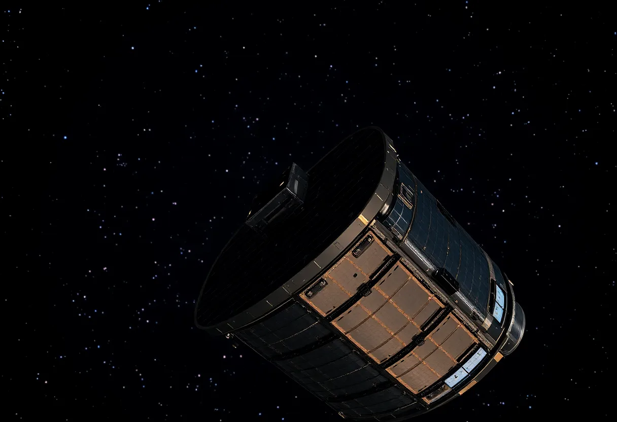 This captivating image presents a close-up of a satellite's solar panels silhouetted against a vast starry sky. The soft glow of distant stars subtly illuminates the intricate textures of the solar panels, creating a dramatic contrast. The use of hyperfocal distance ensures that both the satellite and the starry backdrop remain sharp, delivering an awe-inspiring view of technology amidst the cosmos. The serene black tones of space further enhance the metallic sheen of the satellite, capturing the wonder of space exploration.