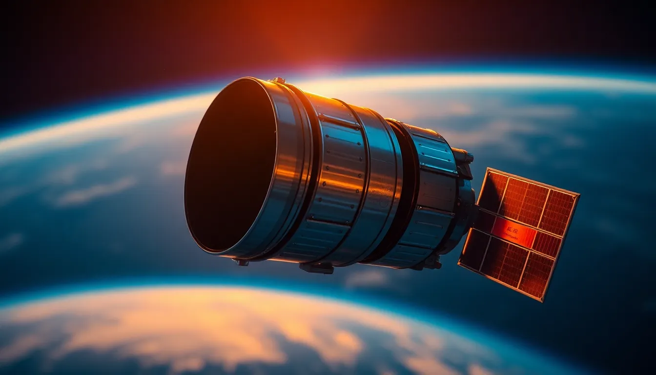 This stunning image captures a satellite in low Earth orbit during twilight, enveloped in a breathtaking gradient of deep blue and violet hues. The satellite's sleek design contrasts beautifully with the warm, glowing lights of the planet below. The subtle shimmering of its solar panels adds depth and texture, while the blurred backdrop hints at the vastness of space, creating a sense of motion and isolation. The carefully crafted composition and rich color palette evoke both technological advancement and the beauty of our planet.