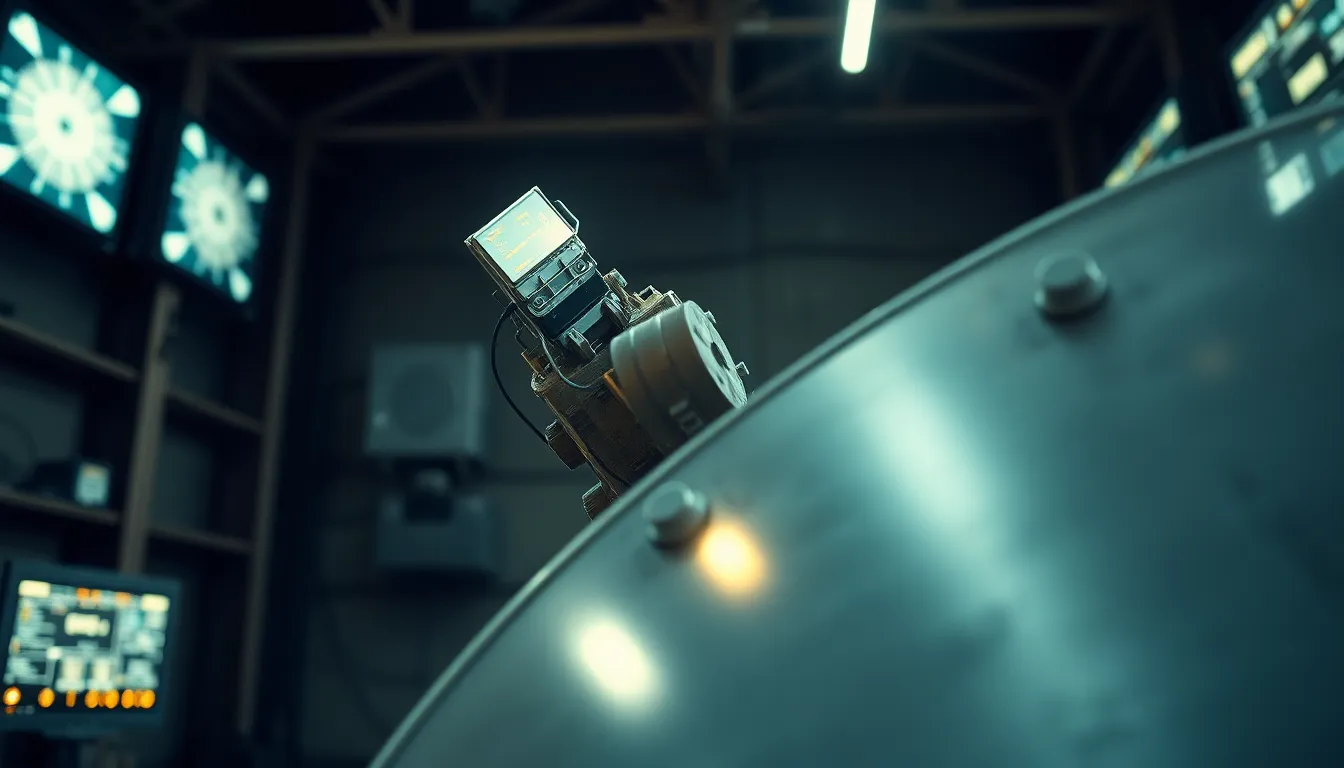 This image highlights a satellite displayed prominently in a dimly lit control room, with flickering LED lights enhancing its technological allure. The muted color palette evokes an industrial atmosphere, while the selective focus ensures the satellite is sharp against a softly blurred background. Leading lines within the room guide the viewer's gaze toward the satellite, emphasizing its significance in a high-tech environment.