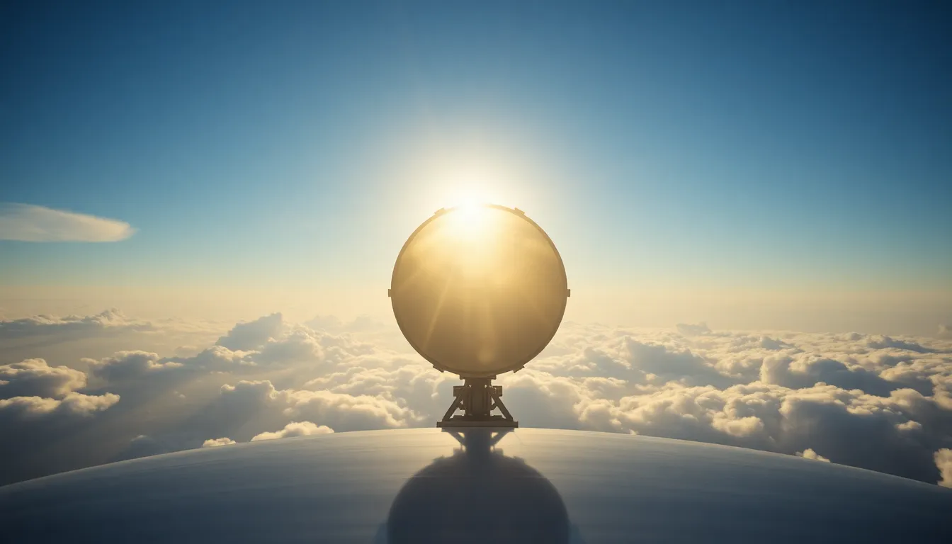 Satellite Against Stratospheric Clouds This striking image showcases a high-tech satellite suspended against a backdrop of dappled sunlight filtering through stratospheric clouds. The soft blue skies contrast beautifully with the satellite's polished aluminum surface. Shot with a shallow depth of field, the satellite is sharply in focus while the clouds softly blur into a creamy bokeh. The composition creates a symmetrical balance, highlighting the intricate technology in a serene and ethereal setting.
