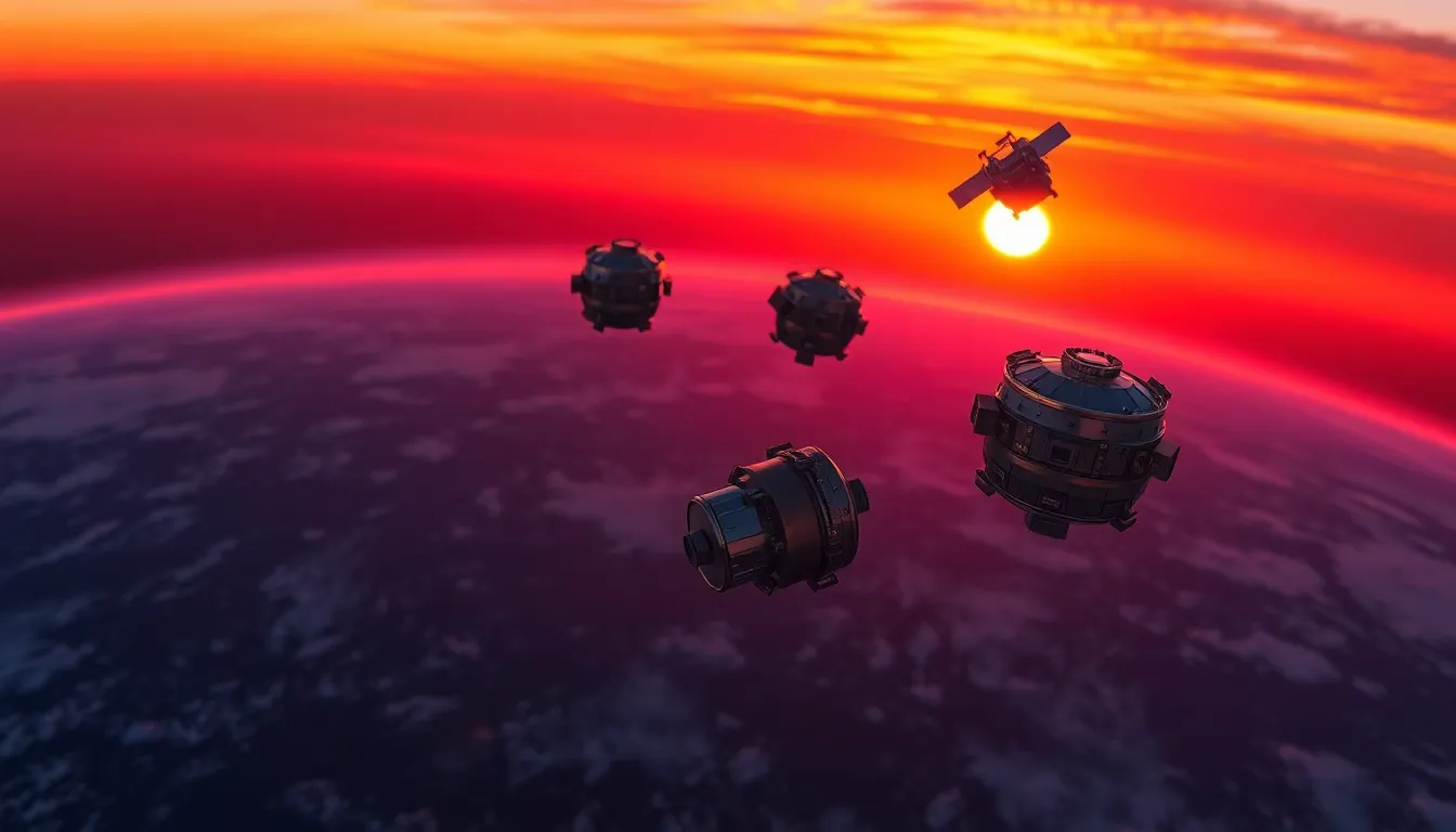 This breathtaking aerial view captures multiple satellites orbiting Earth during a stunning sunset. The warm hues of orange, pink, and deep purple paint the sky, creating a dramatic backdrop to the sleek metallic forms of the satellites. Shot with a macro lens, the image highlights the details of the satellites while softly blurring the horizon. The composition captures a harmonious balance, with the cluster of satellites strategically positioned in the upper third, drawing the viewer's eye towards the vibrant sky.