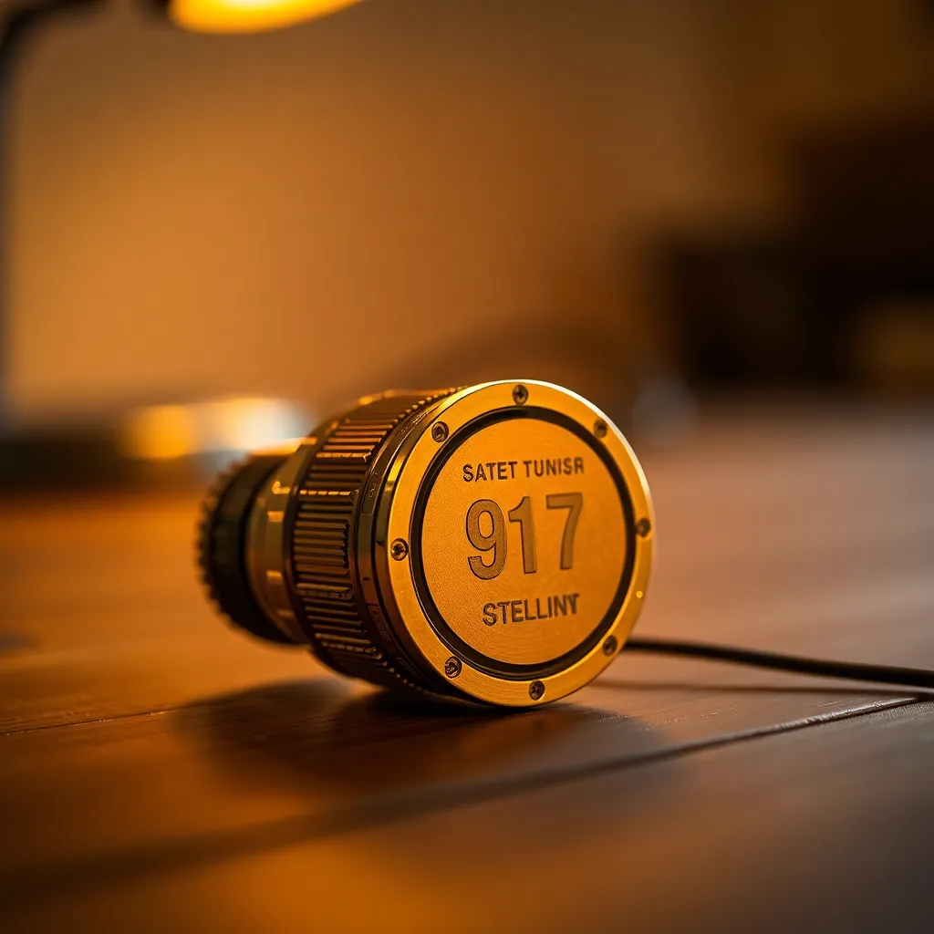 In this richly detailed close-up, a satellite component is illuminated by soft tungsten light resting on a weathered wooden table. The meticulous textures and engravings of the metallic surface are brought to life, inviting viewers to appreciate the craftsmanship involved in modern technology. The warm color tones impart a cozy and sophisticated ambiance, making this image suitable for promotional materials or technology features.