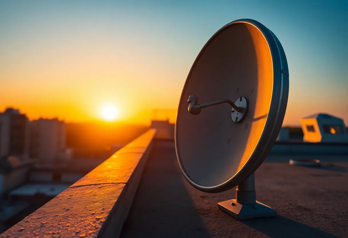 This captivating image showcases a satellite dish situated on a rooftop as the sun sets, enveloping the scene in warm golden light. The intricate details of the dish’s metallic surface are beautifully illuminated, while the soft bokeh background enhances its prominence. The warm hues of the sunset create a serene and inviting atmosphere, inviting viewers to reflect on connectivity and technology. The thoughtful composition draws the eye toward the stunning colors of the sky, culminating in a visually striking representation of modern communication.