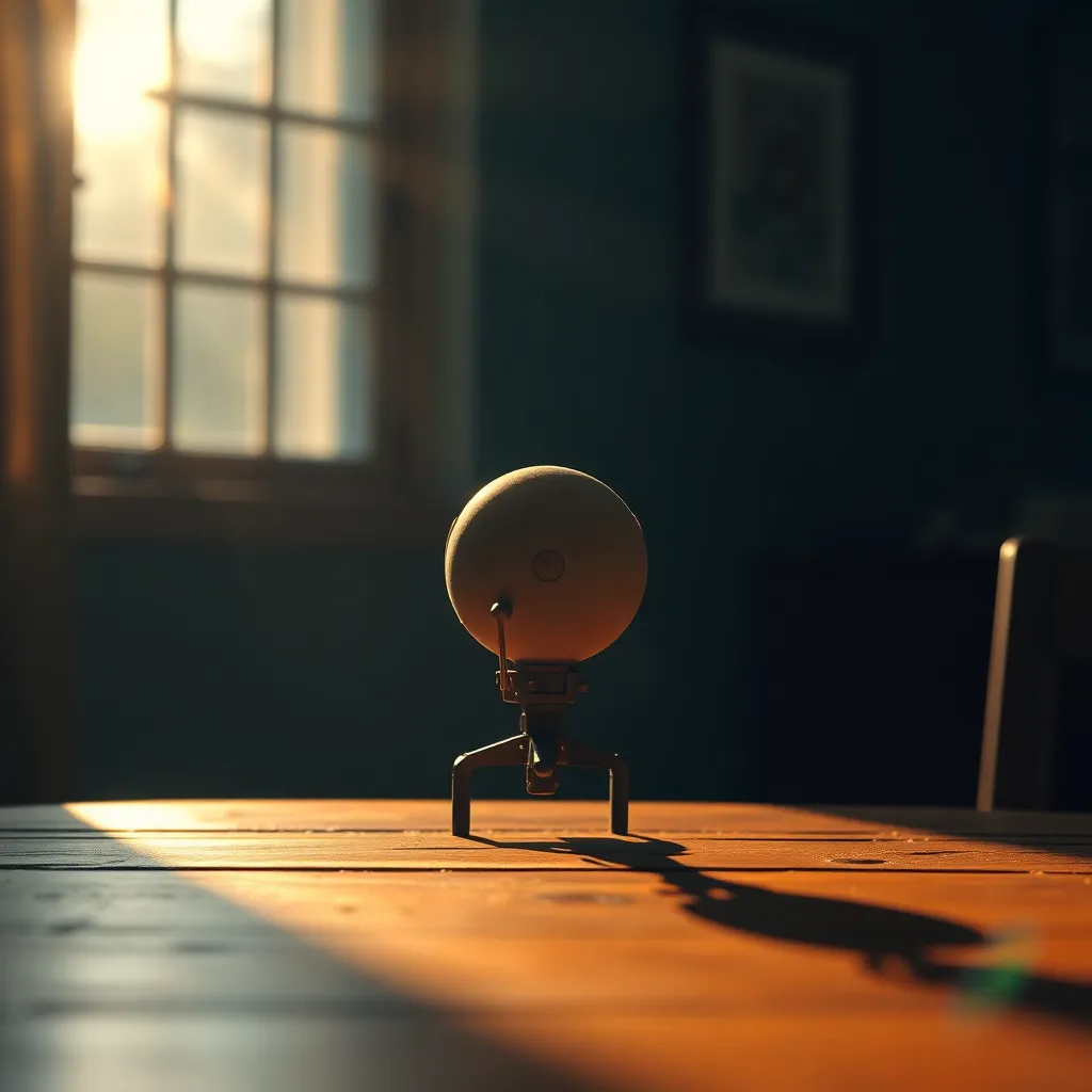 A stunning close-up shot of a satellite model rests on a textured wooden table, illuminated by warm, natural sunlight. The photograph captures the intricate details of the model, from the solar panels to the rivets, all while maintaining a soft background blur. The inviting atmosphere is enhanced by the warm color grading, making this image not only visually appealing but also an homage to engineering and design.