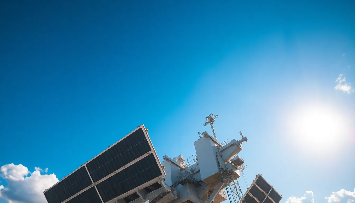 This dramatic low-angle photograph showcases a massive satellite set against a vivid blue sky. The vibrant daylight enhances the satellite's features, giving it a prominent presence within the frame. The Dutch angle composition adds an energetic feel to the image, while the hyperfocal distance ensures clarity from the satellite down to the clouds, creating a powerful visual impact.