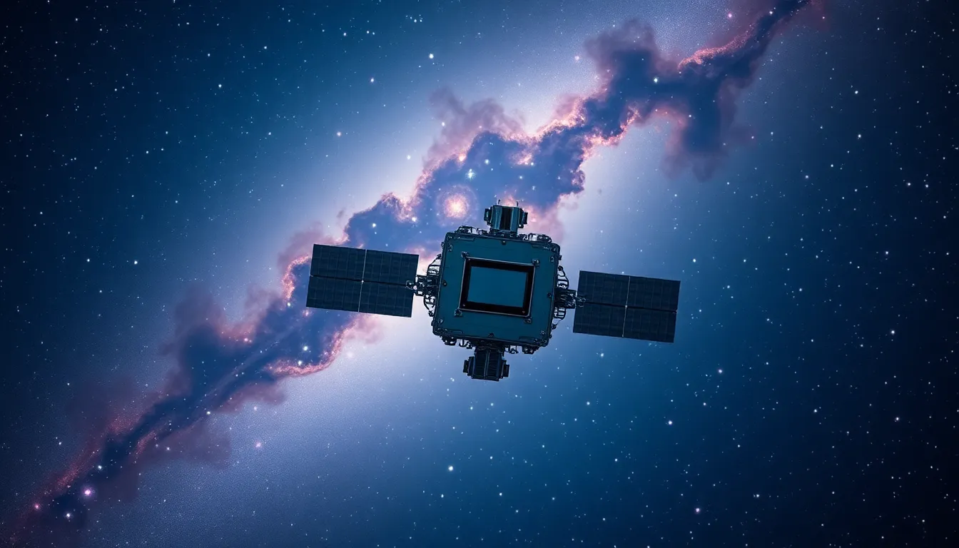 Explore the beauty of our universe with this mesmerizing image of a satellite floating amidst a stunning backdrop of distant galaxies and colorful nebulae. The soft ambient lighting from the stars bathes the scene in ethereal tones, enhancing the satellite’s sleek design while showcasing the rich textures of its surfaces. The vibrant color palette immerses viewers in the wonders of space, evoking a sense of exploration and curiosity. The symmetrical composition highlights the satellite's importance as a tool for understanding our universe, making this image a captivating depiction of aerospace technology.