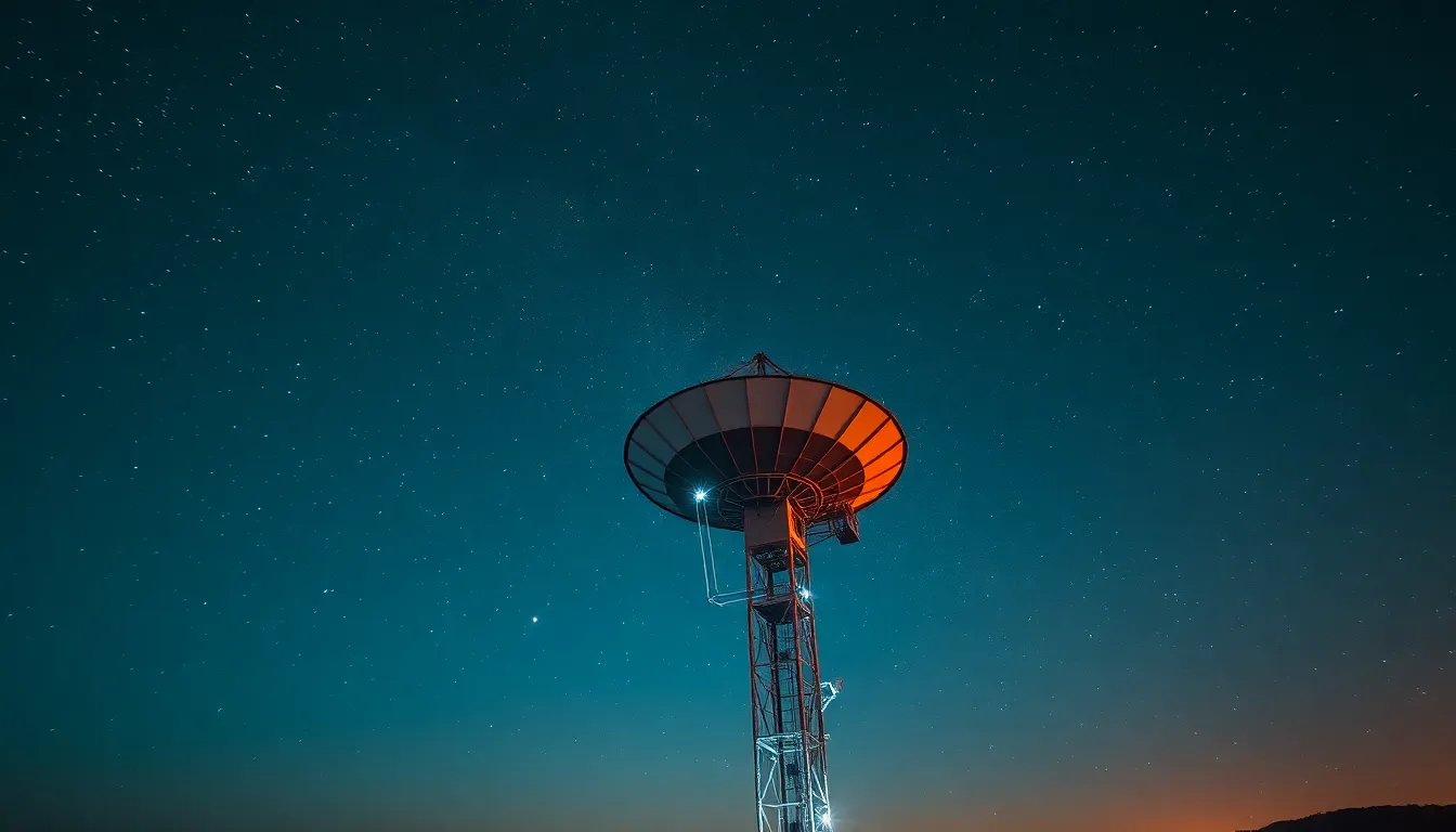 This stunning image captures a large communication satellite prominently displayed against a backdrop of a beautifully twinkling starry sky at twilight. The deep blues and oranges of the scene create a mesmerizing cosmic ambiance, while the intricate details of the satellite are sharply rendered. The symmetry of the composition draws the viewer's attention to the satellite's role in connecting the world, making it an ideal choice for any space-focused theme.