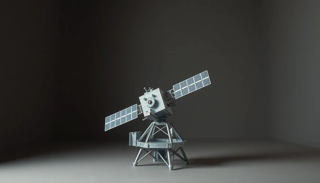 Communication Satellite Model in Studio This refined image features a meticulously crafted model of a communication satellite displayed in a professional studio environment. The use of a three-point lighting setup creates dramatic contrasts, emphasizing the intricate details of the satellite’s structure. Captured with a shallow depth of field, the focus remains sharp on the model while the background softly blurs, enhancing the viewer's attention. The natural muted tones and centered composition lend a sense of sophistication to the overall presentation.