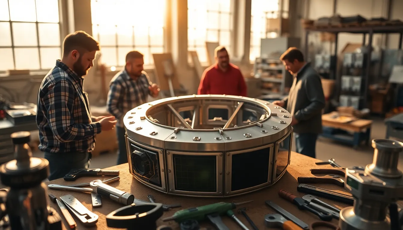 An engaging scene captures engineers working together on the construction of a satellite inside a bustling workshop. The soft daylight spilling through large windows illuminates the intricate details of the satellite and the various materials used in its assembly. With a shallow depth of field, the image focuses on the teamwork and dedication while gently blurring the surrounding tools, creating a sense of creativity and innovation. The warm, muted colors and rich textures reflect the industrious atmosphere, making this image a hopeful portrayal of technology and collaboration.