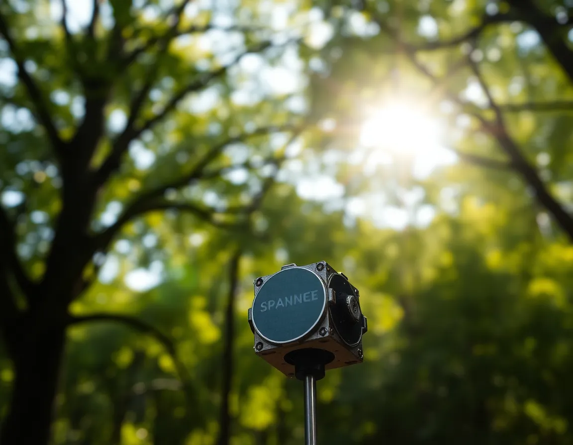 This captivating image portrays a small satellite model nestled within a lush natural environment, illuminated by dappled sunlight. The vibrant greens of the foliage contrast beautifully with the metallic surfaces of the satellite, bringing the scene to life. The shallow depth of field draws attention to the intricate details of the model, while the soft bokeh provides a dreamy backdrop. It's perfect for illustrating the intersection of technology and nature.