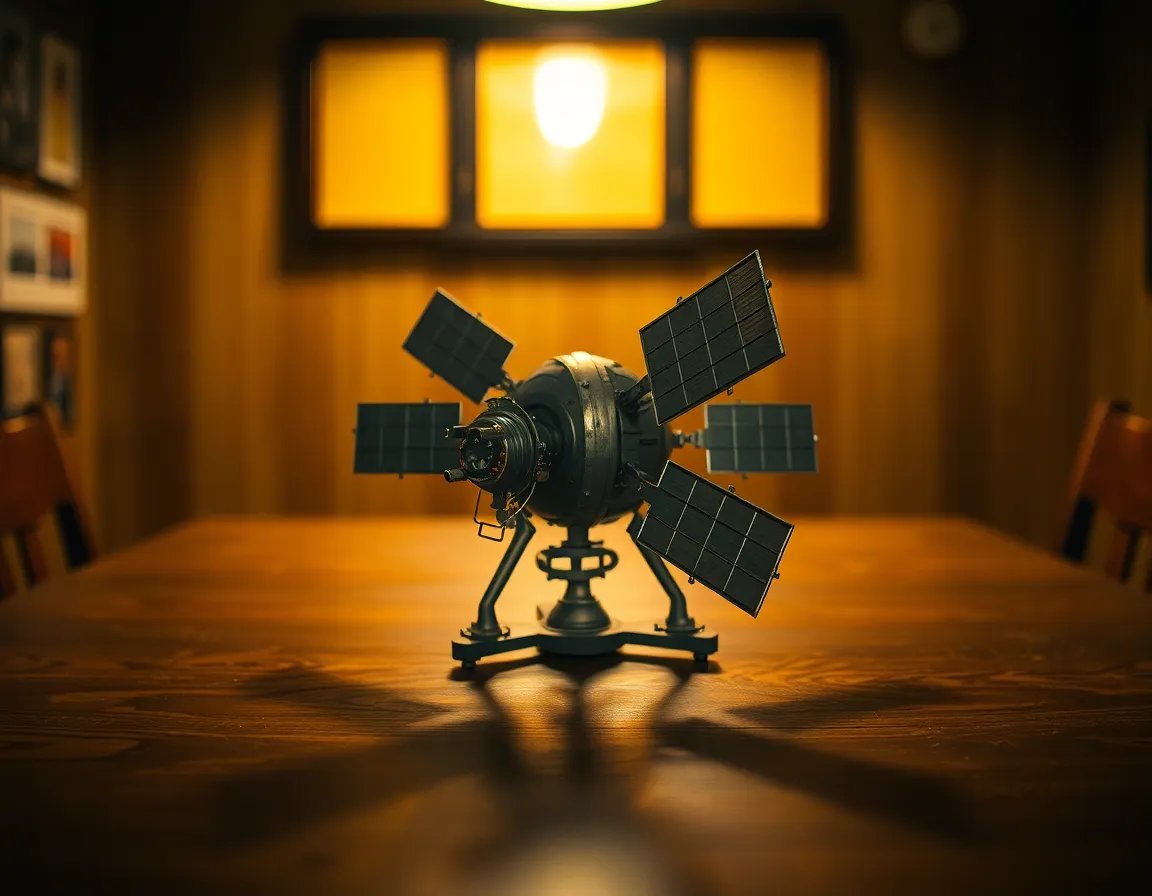 This captivating image features a vintage satellite model resting elegantly on a polished wooden table. Bathed in warm tungsten light, the satellite’s intricate details and weathered textures are beautifully accentuated. A shallow depth of field draws the viewer’s attention to the craftsmanship of the model while soft shadows add depth to the scene. The rich brown and soft yellow hues evoke a sense of nostalgia, creating a charming portrayal of historical space exploration.