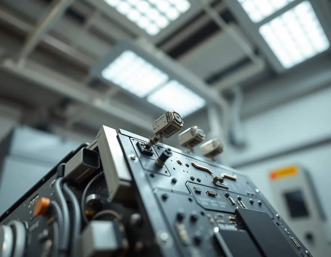 This close-up image reveals the intricate details of a satellite’s circuitry and antennas within a high-tech laboratory. The cool LED lighting accentuates the sleek, metallic textures, creating a modern and professional aesthetic. The selective focus draws attention to the delicate components, showcasing the advanced technology involved in satellite design. Soft gradients in the background enhance the overall composition, resulting in a visually striking representation of aerospace engineering.