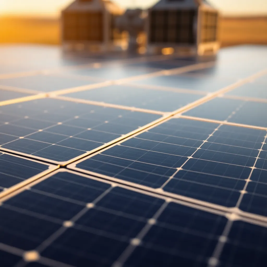 This close-up image beautifully captures the intricate details of satellite solar panels, glistening under warm afternoon sunlight. The texture of the panels is highlighted, showcasing their reflective surfaces and complex grid patterns. A soft bokeh background enhances the subject, creating a striking contrast with the rich golds and deep blues of the machinery. This detailed perspective provides insight into the technology that powers satellites, making it an impressive portrayal of engineering in space.