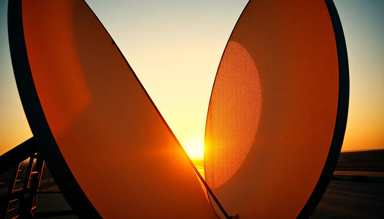 Satellite Dish at Sunset This warm and inviting image features a weathered satellite dish at golden hour, bathed in beautiful backlighting that accentuates its contours and imperfections. The scene is captured with hyperfocal sharpness, bringing the dish and the horizon into clear focus. Leading lines within the dish's structure draw the viewer's gaze towards the vibrant sunset in the background. The overall Kodak Portra 400 color palette enhances the mood with warm tones and creamy highlights, invoking a sense of nostalgia.
