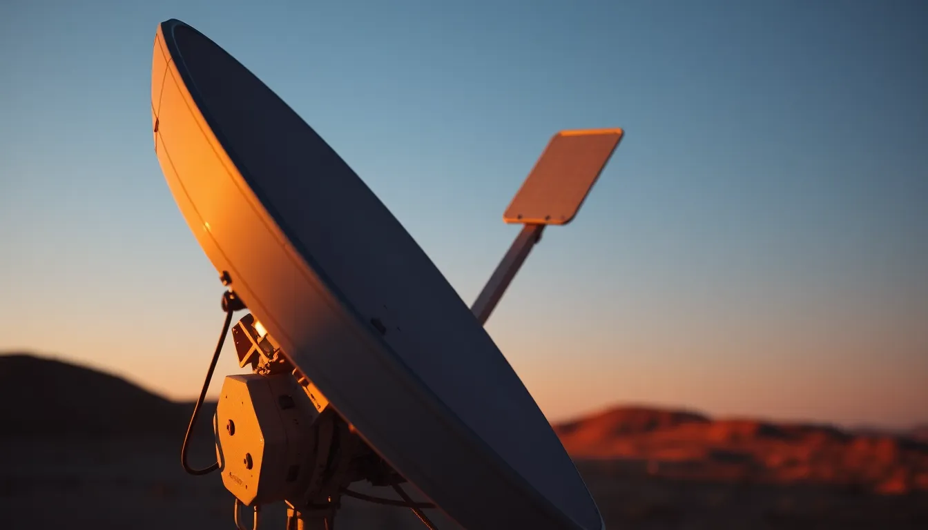 This striking photograph showcases a satellite set against a backdrop of a starry night sky, illuminated by the enchanting golden hour light. The warm tones highlight the intricate features of the satellite, while the vastness of space twinkles behind it. The composition draws the viewer's eye to the left third of the image, creating a dynamic balance and amplifying the satellite's presence in the cosmos.