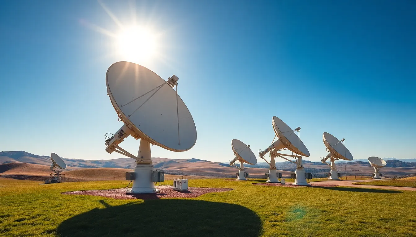 This image captures a satellite ground station under bright midday sunlight, emphasizing the complexity and detail of the satellite dishes and their surroundings. The sharp contrasts in color highlight the rugged equipment against a stunning natural backdrop of rolling hills. The use of hyperfocal distance ensures clarity throughout the scene, inviting viewers to explore the details of the foreground and background alike. The serene atmosphere, combined with the vivid green grass and clear blue sky, creates an inviting and inspiring setting.