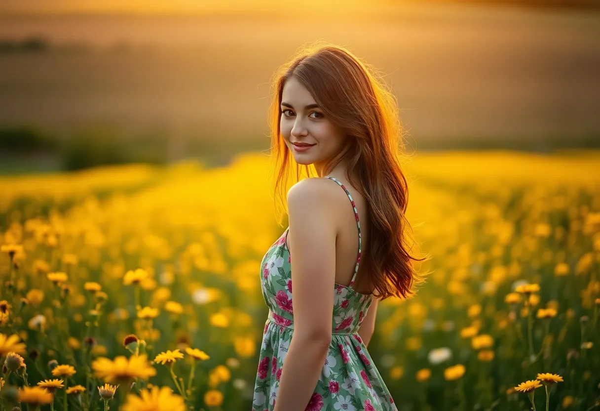 Woman in Floral Dress Surrounded by Wildflowers