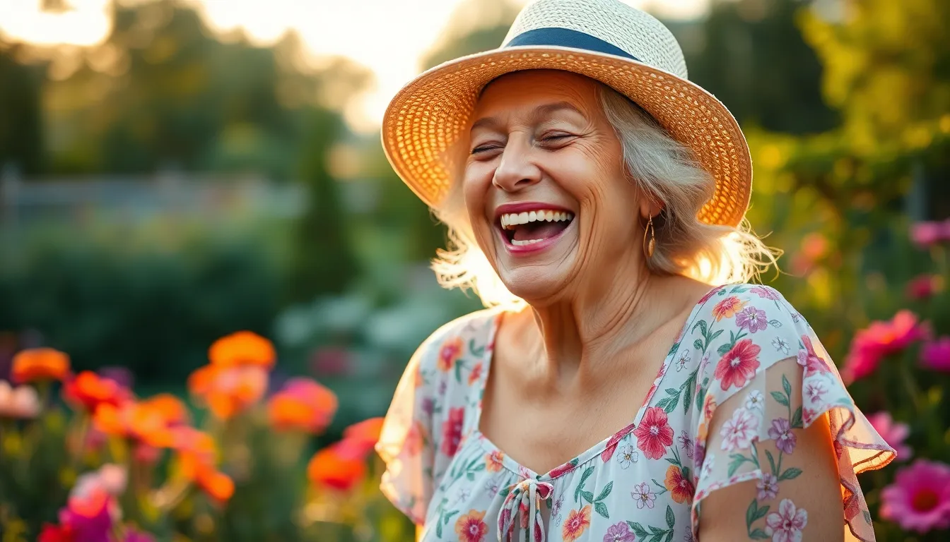 This vibrant image captures a joyous senior woman in a flowy floral dress, laughing joyfully in a beautifully lit garden during golden hour. The warm lighting and soft bokeh background create an uplifting atmosphere, making her joyful expression pop. Surrounded by blooming flowers, the colors mirror the warmth of the setting sun while adding vibrancy to her cheerful demeanor. The composition expertly follows the rule of thirds, drawing the viewer's eye towards her radiant smile.