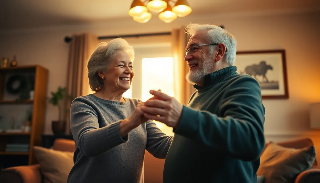 This enchanting image captures a senior couple gracefully dancing in their warmly lit living room, radiating love and joy. The soft light creates a cozy ambiance, highlighting their candid expressions as they share a moment of connection. With a blurred background emphasizing the intimacy of their bond, the scene is both heartwarming and visually inviting. This photograph encapsulates the beauty of companionship and the timeless joy of dancing together.