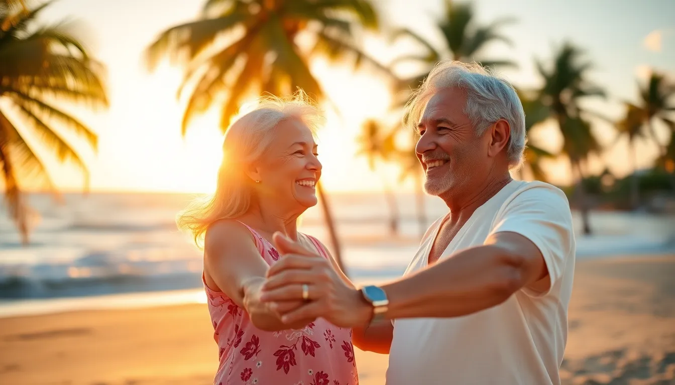 Senior Couple Dancing on Beach at Sunset
