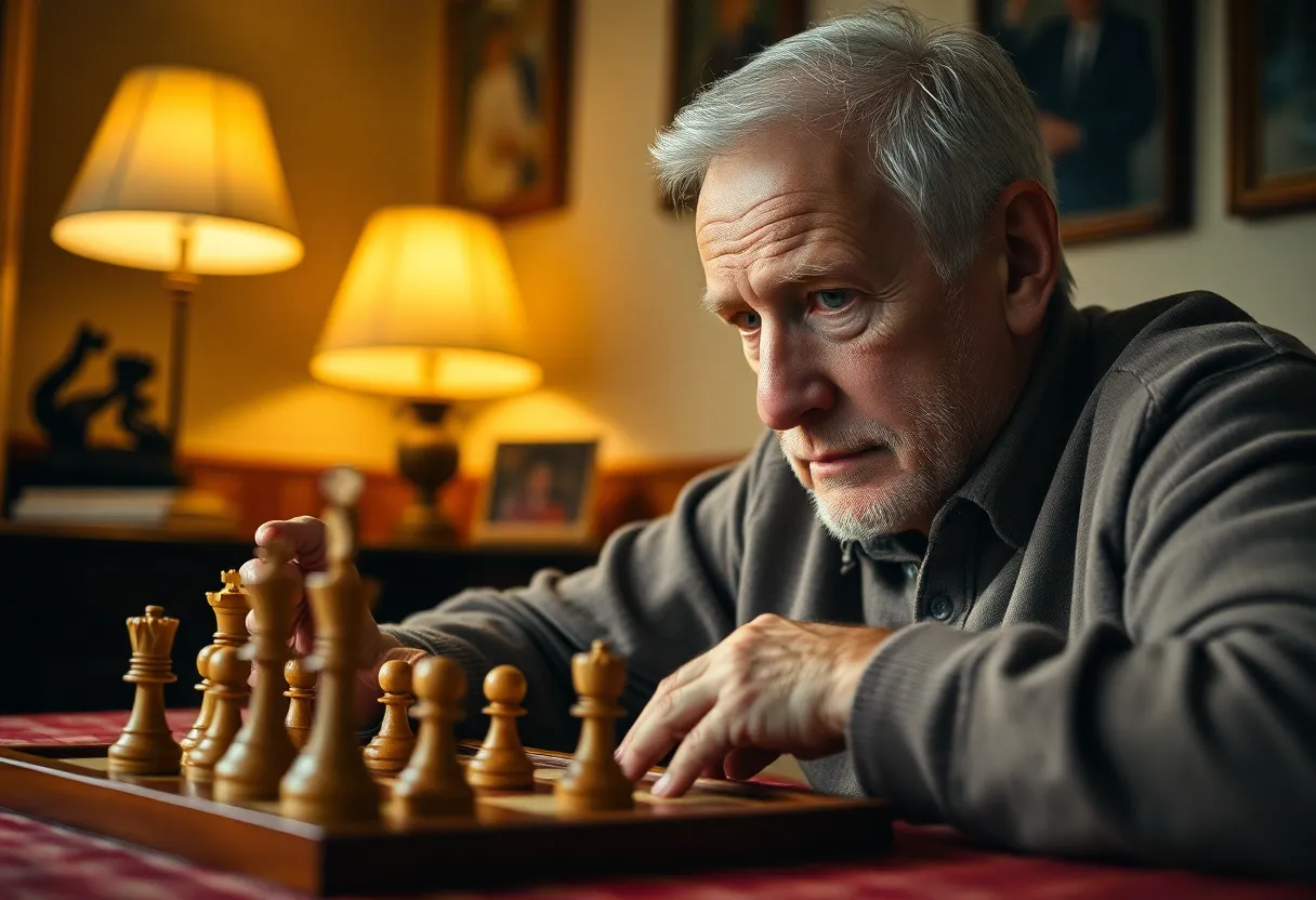 In this intimate scene, a senior man is deeply focused on a chess game in a cozy, warmly lit room, illuminated by a soft desk lamp. His concentrated expression is captured with exquisite detail, reflecting his strategic mindset as he studies the chessboard. The warm, muted colors create a nostalgic ambiance, while the textures of the wooden pieces add a tactile quality to the image. The composition draws the viewer’s eye through the leading lines of the chessboard, enhancing the sense of engagement and thoughtfulness.