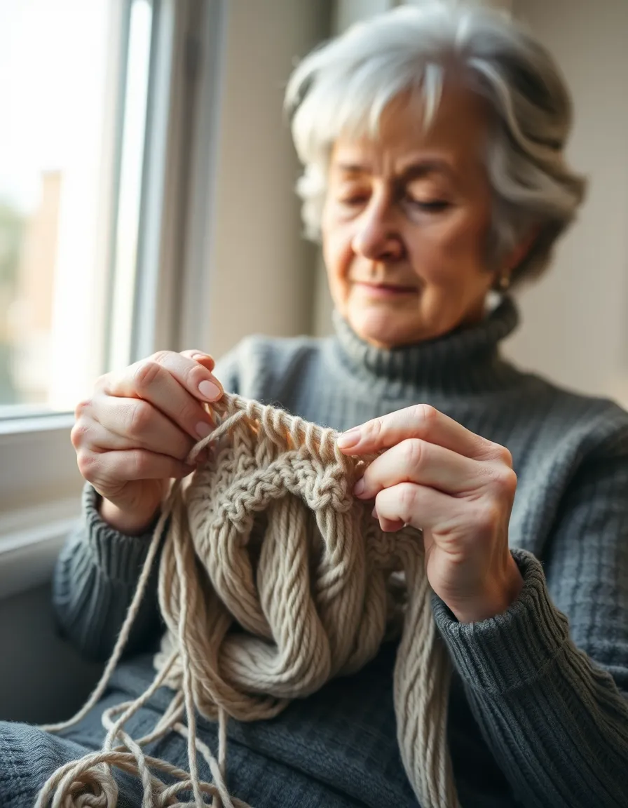This peaceful image portrays a senior woman immersed in knitting by a soft-lit window on a tranquil morning. The delicate play of light highlights her experienced hands as she skillfully creates, with the intricate textures of yarn and fabric visible in stunning detail. The desaturated earth colors lend a calm serenity to the scene, inviting viewers to appreciate the artistry and mindfulness involved in her craft. The dynamic diagonal composition guides the eye through the image, enhancing the sense of focus and calm.