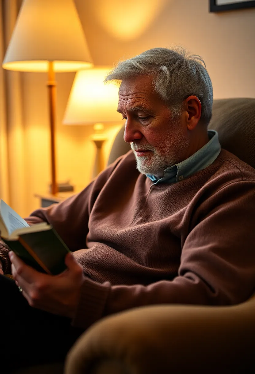 This serene image showcases a senior man lost in the pages of a book, sitting comfortably in his armchair under a warm lamp light. The soft glow creates a cozy environment, inviting viewers into his quiet world of reading. With a focus on the delicate details of the book and his gentle hands, the scene captures a moment of reflection and wisdom. This photograph epitomizes the joy of quiet moments and the beauty of literature in the evening light.