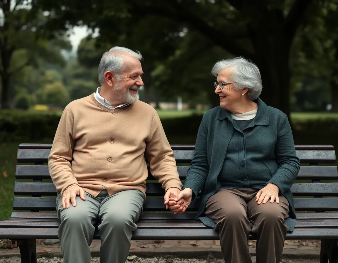 This touching image features an elderly couple sitting closely on a park bench, holding hands and exchanging warm smiles under an overcast sky. The soft, diffused light enhances their gentle features, while the surrounding lush greenery adds depth and context. The muted earth tones evoke a cozy, intimate atmosphere that reflects their long-standing bond. The centered composition emphasizes their connection, making this scene a poignant portrayal of love and companionship.