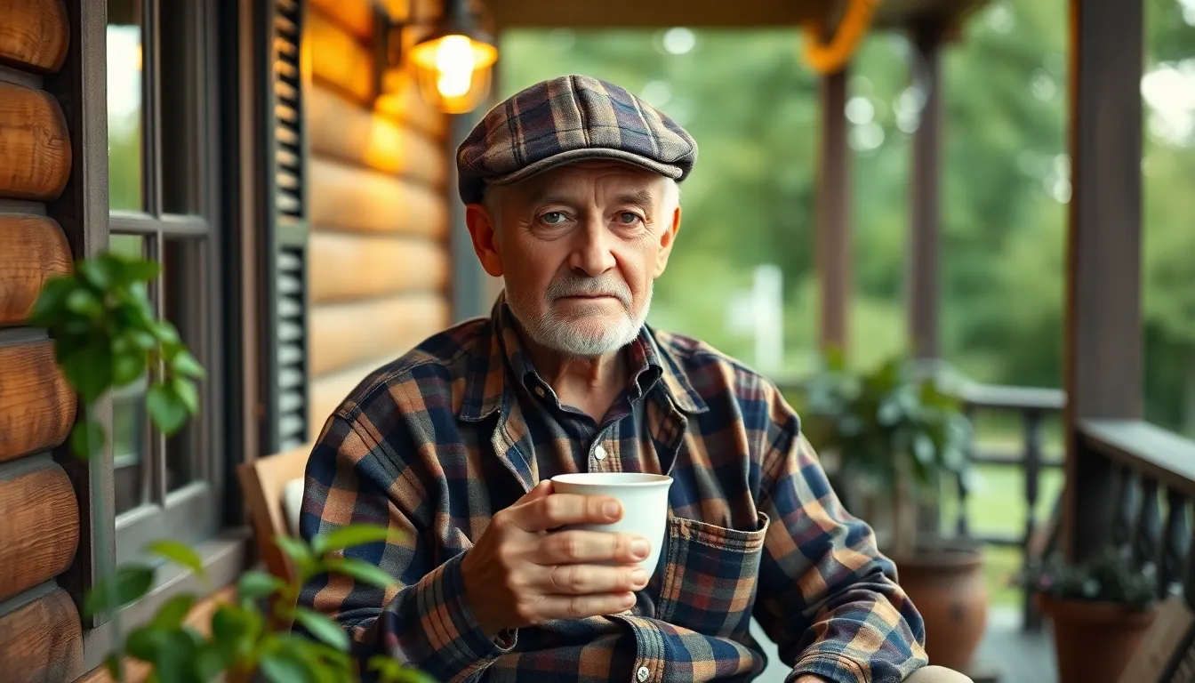 Elderly Man Relaxing on Porch with Tea