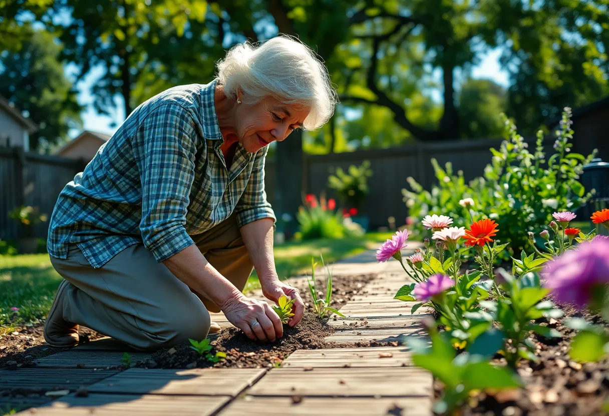 In this vibrant image, an elderly woman immerses herself in gardening, tending to colorful flowers in her backyard. The dappled sunlight enhances the scene, creating enchanting highlights that dance around her. Captured from a low angle, the photograph invites viewers into her world, where nature and nurturing coexist harmoniously. This image beautifully illustrates the joy of gardening and the connection to nature that comes with age.