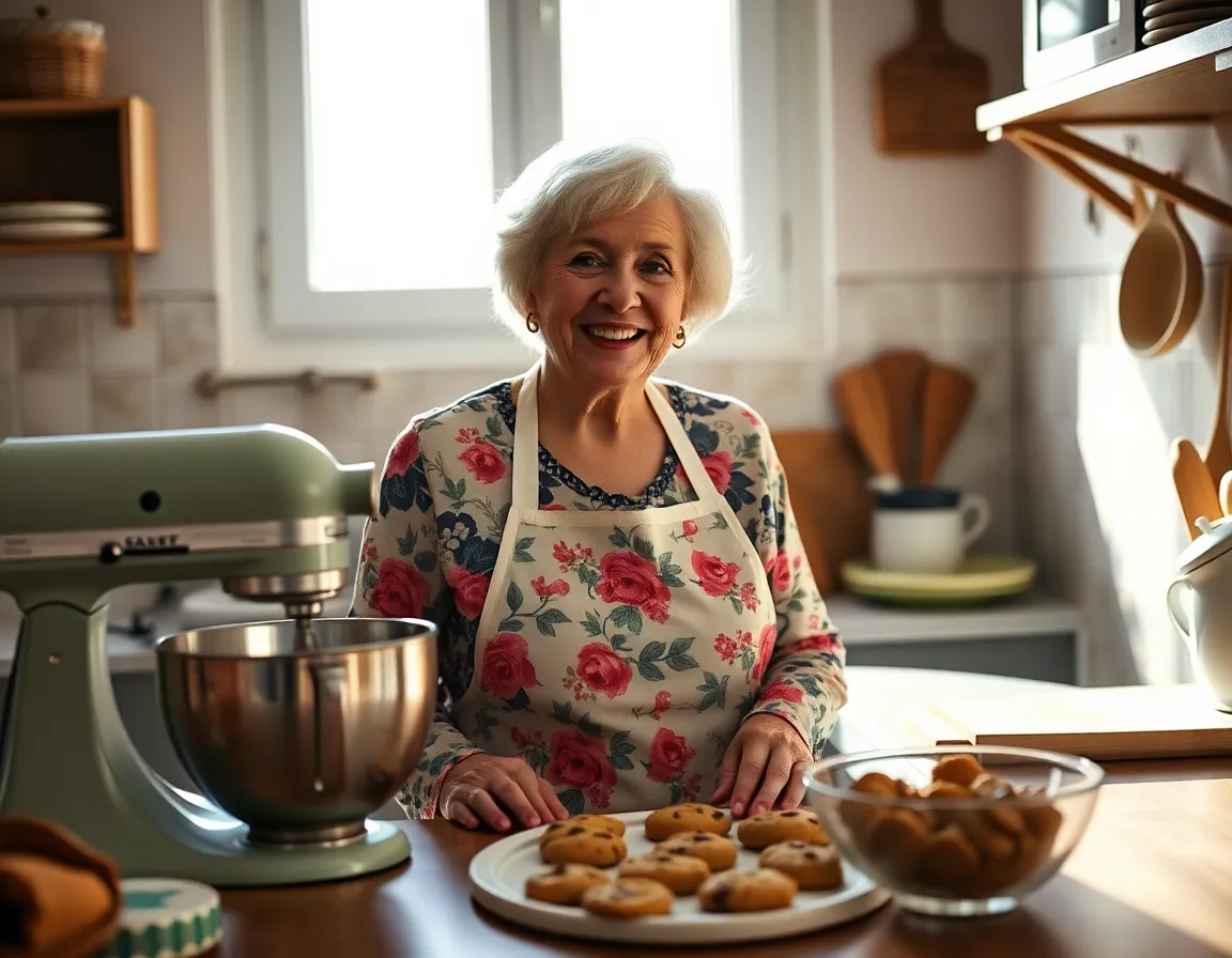In this heartwarming image, an elderly woman bakes cookies in her warmly lit kitchen, embodying the essence of home and tradition. The soft natural light highlights her joyful expression and the rich textures of the ingredients she works with. Surrounding elements, from the rustic countertop to the baking tools, create an inviting, nostalgic atmosphere. This photograph captures the love and care instilled in cooking, celebrating the simple joys of life.