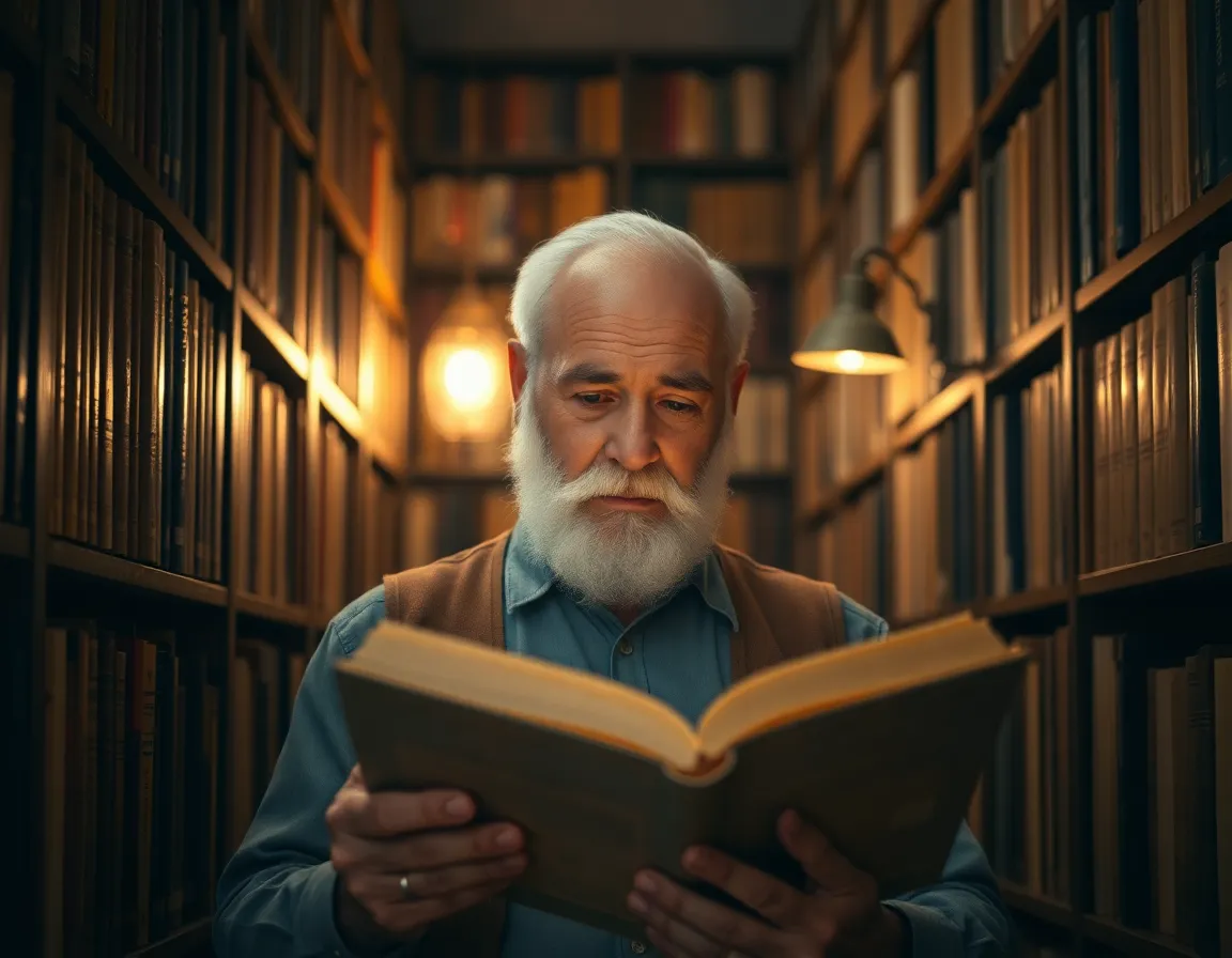 This inviting image captures an older man with a distinguished gray beard immersed in a book within the serene ambiance of a library. The softly glowing light from an antique lamp casts a warm glow over the pages, enhancing the tranquil atmosphere of the scene. The shallow depth of field beautifully isolates him, blurring the rich textures of the surrounding bookshelves and drawing focus to his engaged expression. The warm color palette adds to the inviting feel of the setting, perfectly framing his peaceful reading experience.