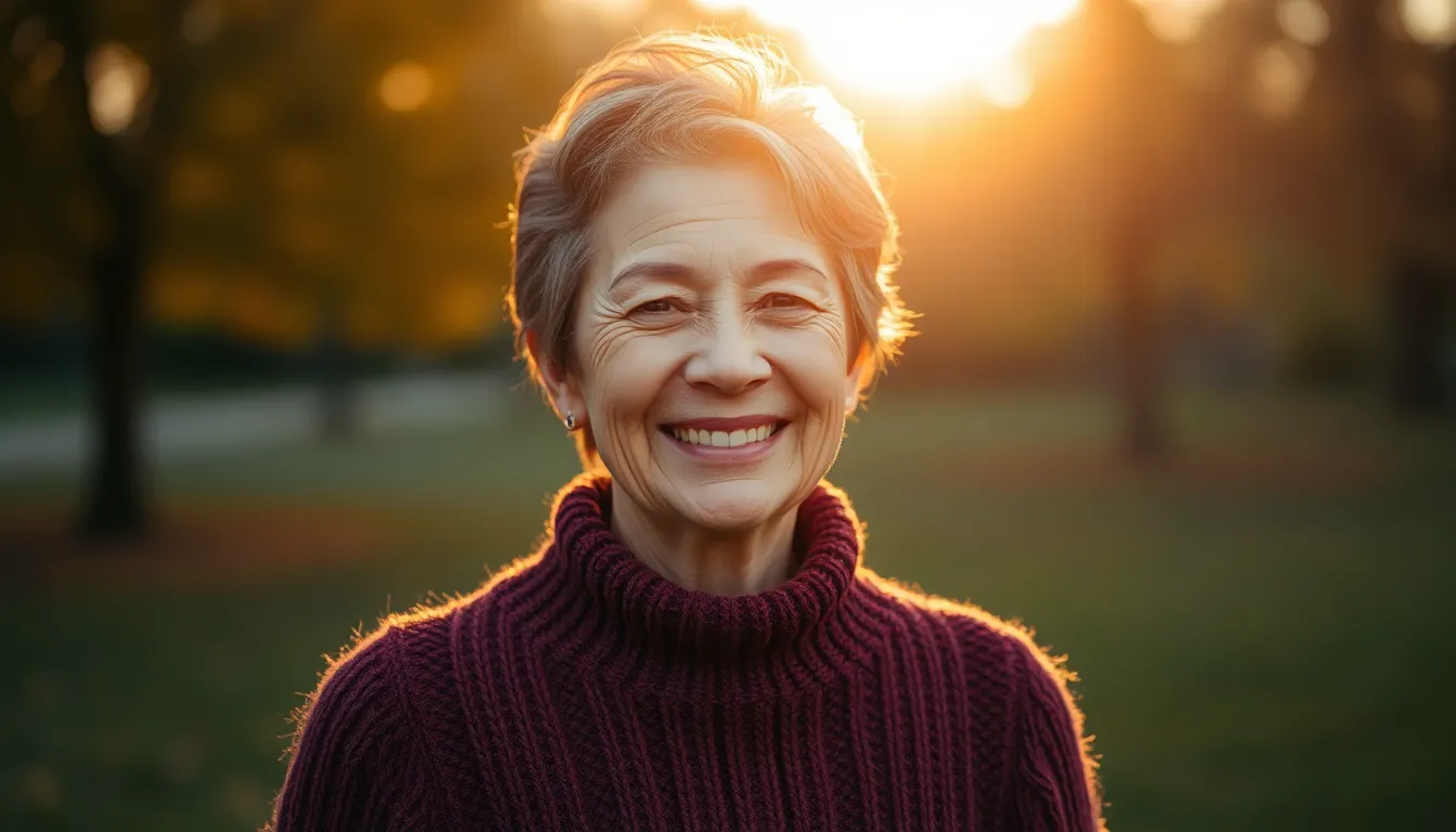 A serene portrait of a senior man standing among vibrant flowers during golden hour. The warm backlighting creates a soft glow around him, highlighting the gentle wrinkles and natural texture of his skin. His light linen shirt complements the colorful blossoms, evoking a peaceful mood. The creamy bokeh in the background focuses attention on his relaxed expression, embodying the tranquility of the moment.