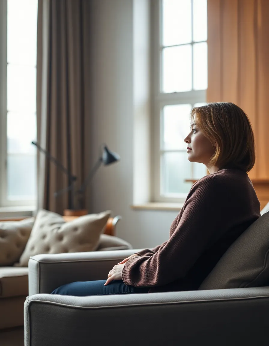 A senior woman with gray hair tied in a loose bun sits comfortably on a plush sofa, gazing thoughtfully out the window. The soft, natural light casts gentle shadows across her face, highlighting her warm smile and natural skin texture. The muted color palette complements the inviting atmosphere, with hints of earth tones surrounding her in the cozy space. This intimate portrait captures a serene moment of reflection and contentment.