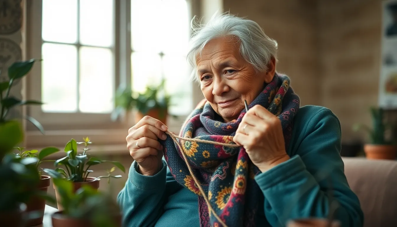 This image captures an elderly woman relaxing in a cozy living room, bathed in soft, diffused natural light. Her warm smile and thoughtful gaze evoke a sense of tranquility, while the textures of her knitted sweater and the leather chair add depth to the scene. The shallow depth of field beautifully blurs the background, emphasizing her gentle features and the inviting ambiance.