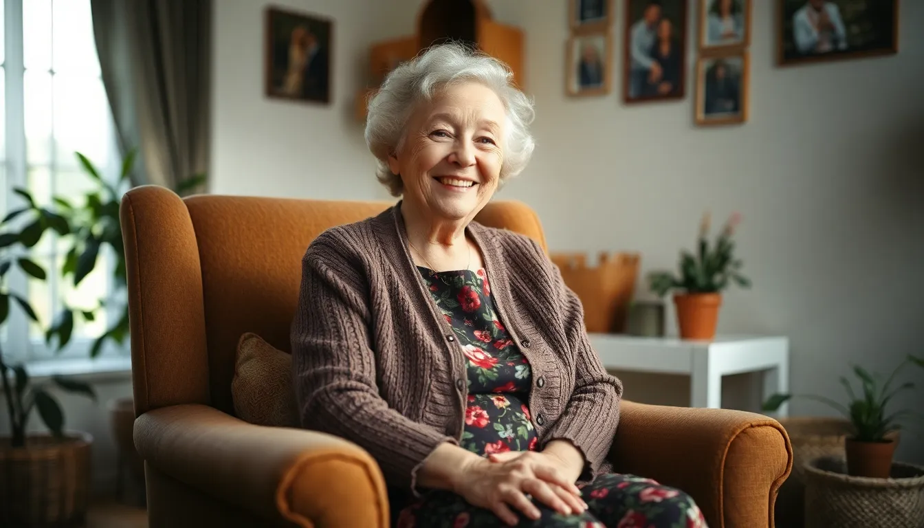 This heartwarming image captures an elderly woman radiating joy while seated in her cozy living room. The soft daylight filtering through the window highlights her warm smile and colorful attire, creating a serene, inviting atmosphere. Surrounded by houseplants and family photographs, the scene resonates with a sense of nostalgia and comfort, perfect for showcasing the beauty of senior living. Warm and natural color tones enhance the mood, making it an ideal stock image for lifestyle and family themes.