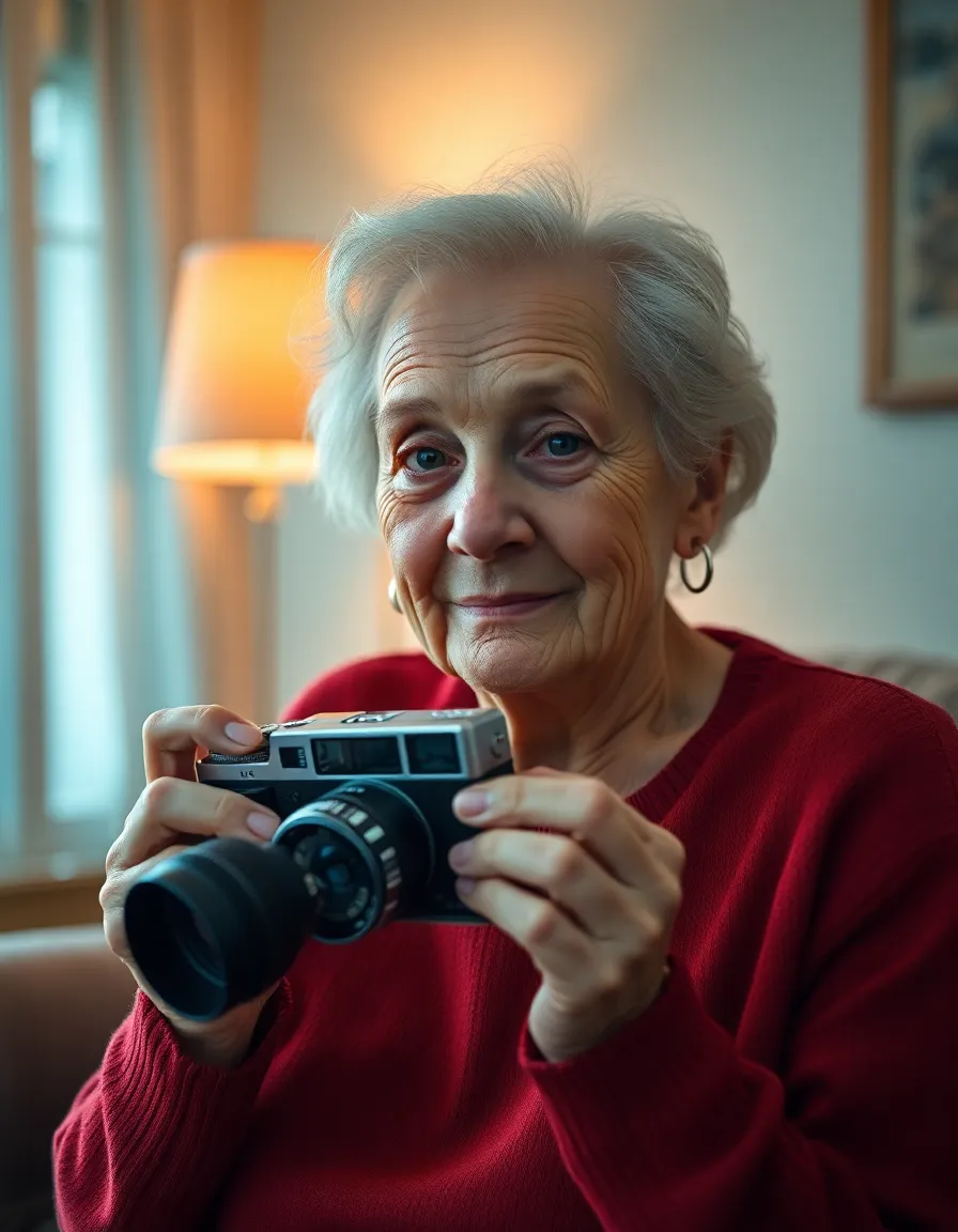 A beautifully aged woman gazes fondly at a vintage camera in her hands, sitting in a cozy living room illuminated by warm tungsten light. The soft bokeh blurs the background, focusing on her expressive face filled with nostalgia and stories. This image captures the legacy of memories preserved through photography. The warm color grading and rich textures create an inviting atmosphere, perfect for showcasing the beauty of seniority.
