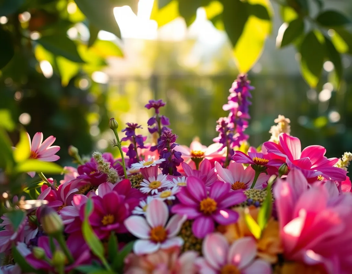 A beautifully crafted floral arrangement by a senior woman is showcased in her lush garden, captured in vibrant colors. Soft sunlight filters through the leaves, creating a delicate play of light and shadow on the flowers. The shallow depth of field emphasizes the intricate petal details and rich textures, showcasing a lovely palette of pinks and purples surrounded by verdant greens. This image celebrates the joy of gardening and creativity.
