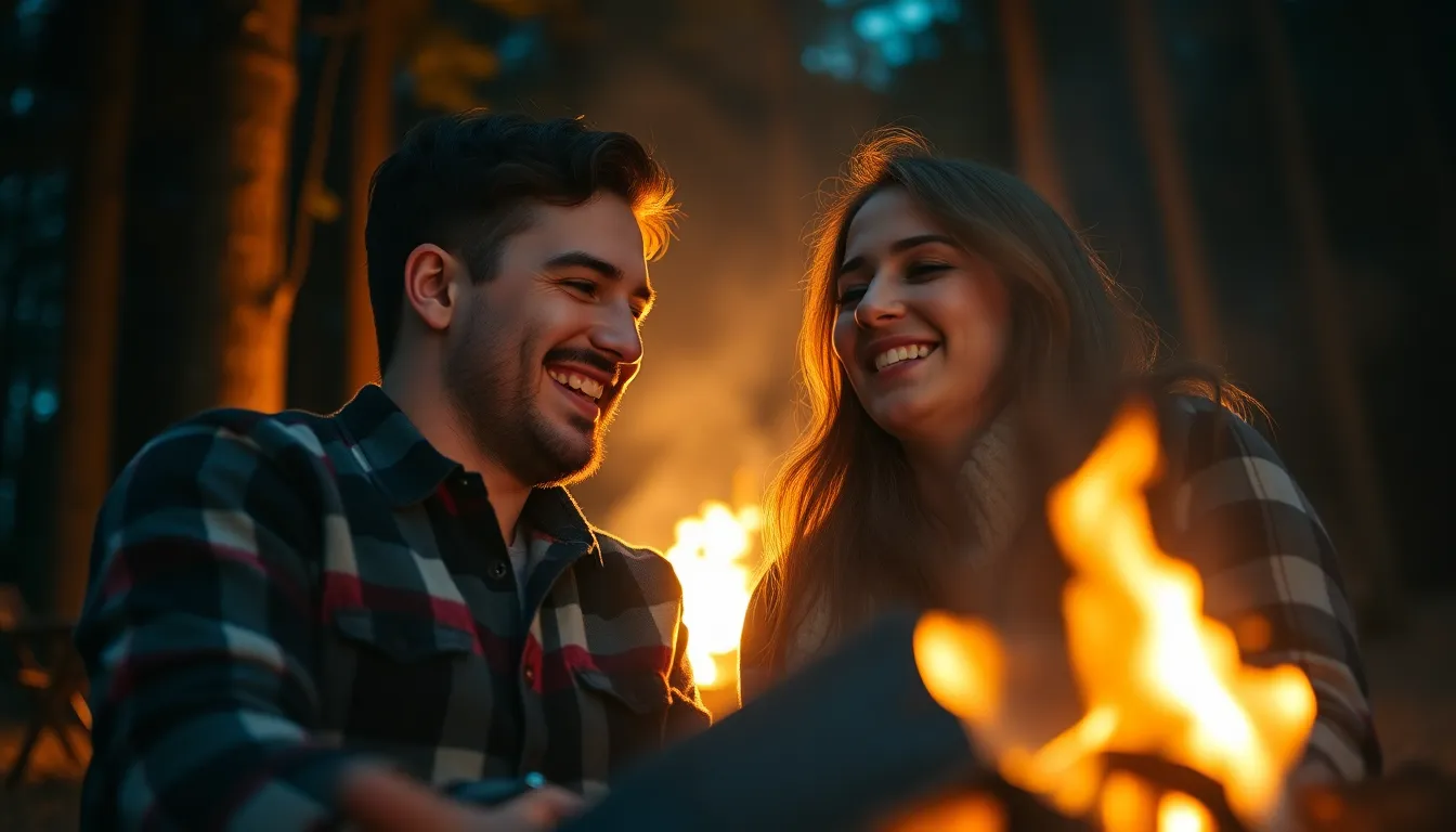 A lively scene depicting a senior couple enjoying their time around a campfire, captured at a Dutch angle to enhance the dynamic feel of the moment. Their cozy flannel shirts and joyful expressions are illuminated by the flickering firelight, casting warm shadows that emphasize their natural skin tones. Surrounded by towering trees, the cinematic teal and orange color grading adds a touch of magic to the atmosphere. This image beautifully conveys the warmth of their connection amidst the tranquility of nature at night.