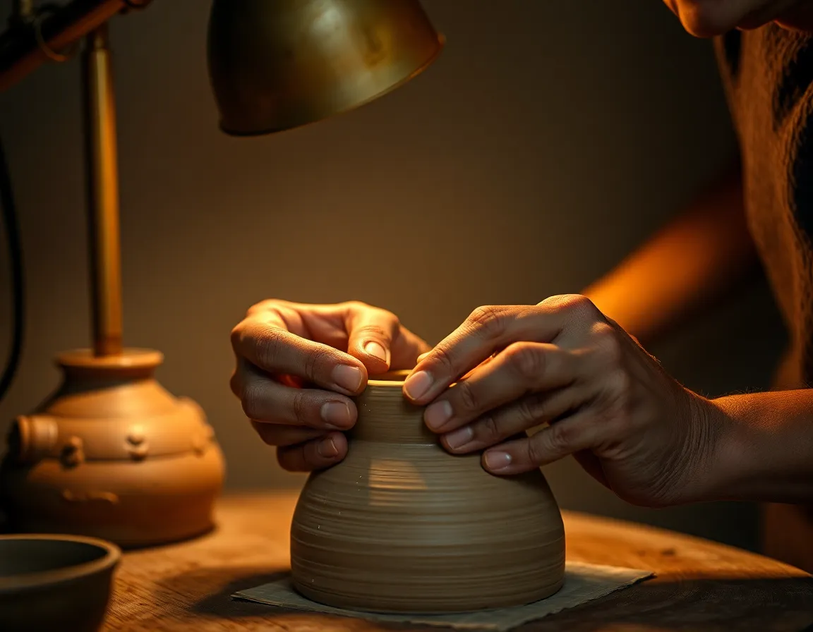 A talented senior artisan is captured meticulously crafting pottery in a warmly lit studio. The soft glow from a tungsten lamp emphasizes the textures of the clay and the gentle lines of their hands, showcasing the beauty of age and experience. Centered in the frame, the artisan's focused expression and hands bring life to the art of pottery-making. Muted brass colors add warmth and depth to the scene.