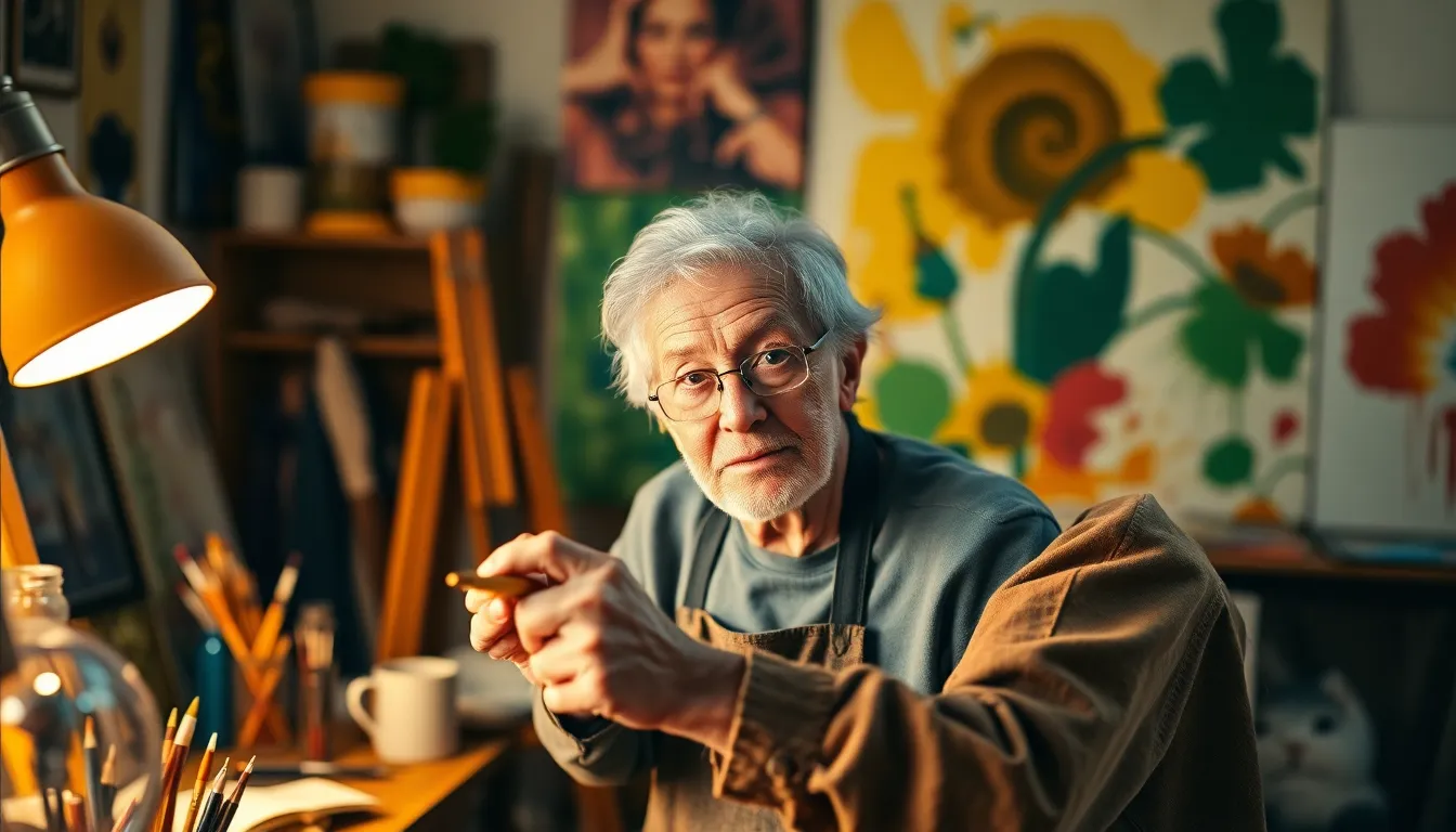 An elderly artist immerses herself in her vibrant studio, captured as she passionately paints on canvas. Warm tungsten light casts inviting hues, creating a cozy and creative atmosphere. The vivid colors from her art supplies contrast beautifully with the muted tones of the surroundings. Rich textures are evident in both her work and the materials, encapsulating the essence of artistic dedication and inspiration.