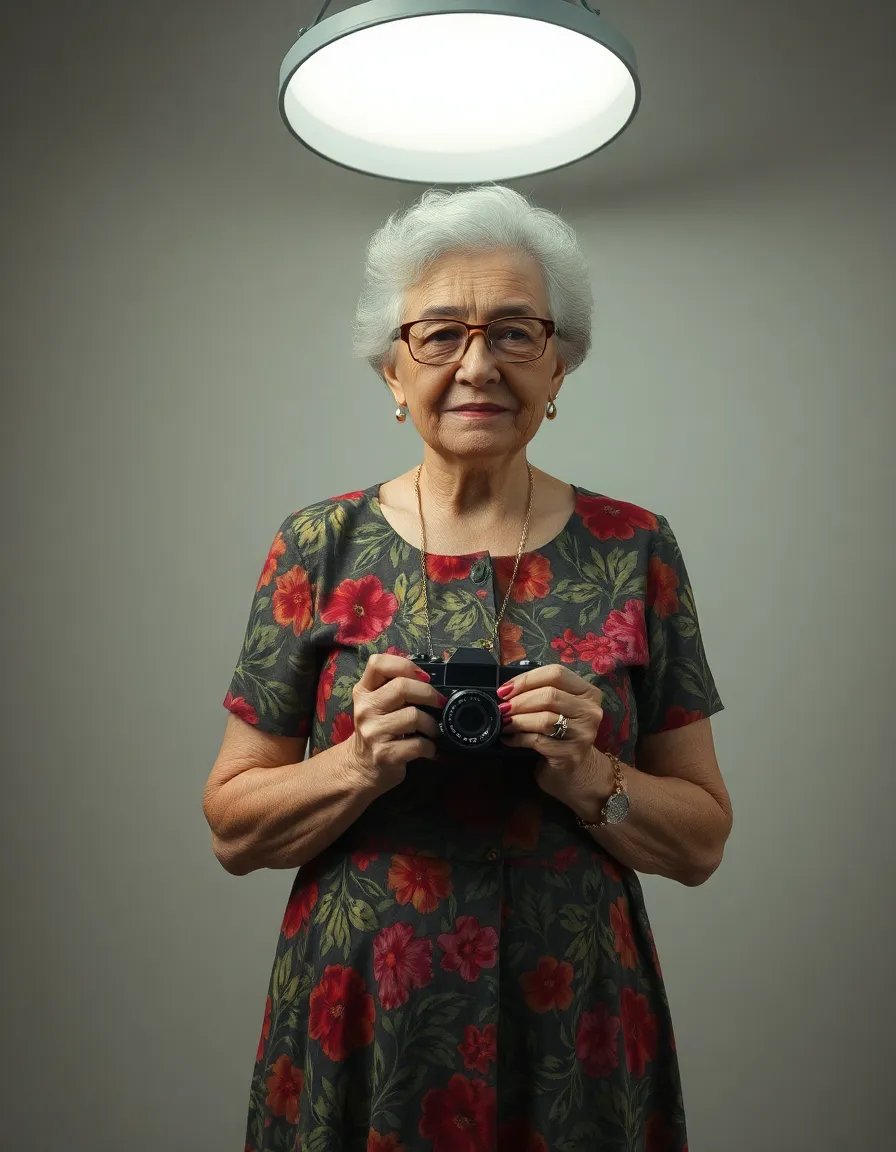 This striking portrait features a senior woman dressed in a vibrant floral dress, holding a vintage camera with a proud smile. The use of butterfly lighting enhances her features while creating a rich play of shadows that adds depth to her expression. The centered composition and soft textures invite viewers to appreciate her character and the nostalgia of photography.