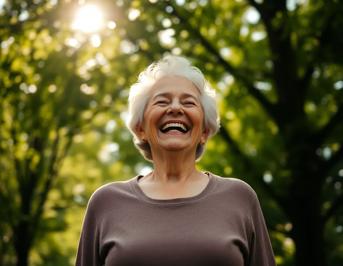 A senior woman radiates joy as she laughs, surrounded by a lush forest illuminated by dappled sunlight. Her natural expression and the vibrant colors of the environment evoke a sense of happiness and freedom. The soft focus on her face allows the surrounding foliage to provide a beautiful, harmonious backdrop, enhancing the overall mood of the scene.