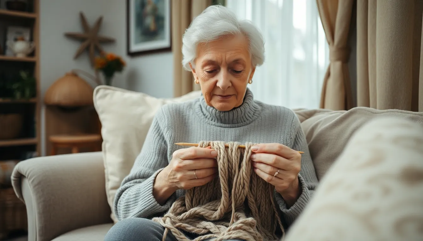 Elderly Woman Knitting in Cozy Living Room